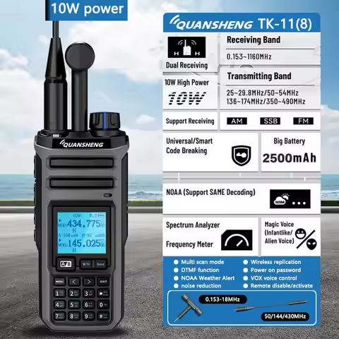 ​Quansheng TK-11(5) 10W VHF/UHF Dual Band Radio 999CH CTCSS/DCS IP55 2500mAh Type-C NOAA Weather Ala