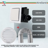AireGard AS-6090 D2 Air Ventilation Exhaust Fan Square + 4M Wall Vent Ducting Kit AS9020D2