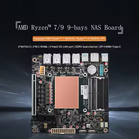 AMD Ryzen 7 8845HS 9 SATA3.0 NAS Board ASM1166 Chip 4*i226 2.5G 2*M.2Nvme PClE 16X 2*DDR5 Tpye-C HDM
