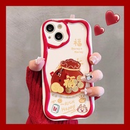 Phone Case For OPPO A18 A38 A9 2020 A94 A36 A78 A76 A79 A96 A58 A57 A98 5G F11 F9 Reno 4 5 6 7 8T 8 Pro 7Z 8Z Casing Cartoon Cute Wavy Texture Wine Red Chinese New Year Dragon Year Lucky Bag Good Luck Creative 3D Soft Back Cover Silicone