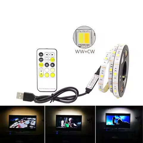 CCT LED Strip Lights 5V USB Dimmable 30LEDs/m SMD5050 CW WW Dual White Flexible Ribbon RF Remote Con