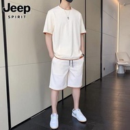 Jeep吉普休閑運動套裝男士夏季潮牌冰絲薄款短袖t恤短褲搭配一套