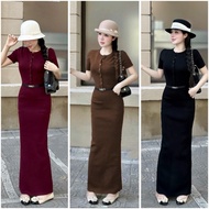 Slim Dress Round Neck Button Mid Short Sleeves WITHOUT BELT Long Basic Elastic Toothpick Dress Woman