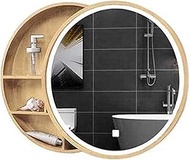 Mirrors for Bathroom Round Solid Wood Bathroom Mirror Cabinet,WallMounted Storage Cabinet with 6WLED Lighting (Wood Color)
