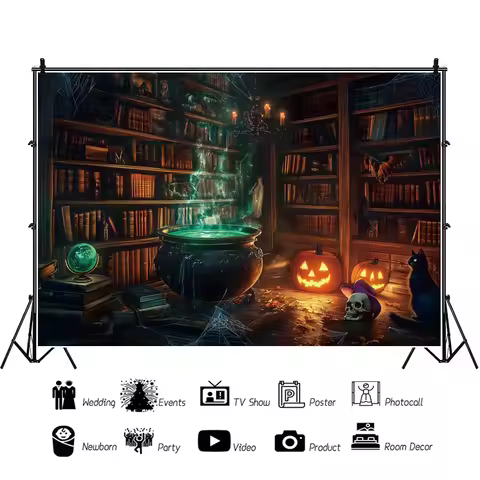 Halloween Scary Castle Pumpkin Lights Background Dilapidated Wooden House Vintage Bookshelf Black Ca