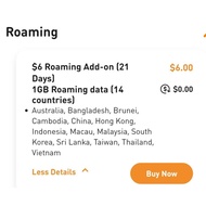 M1 Maxx $6 Roaming Add-On | 1GB Roaming Data | 21 Days Validity / Top Up / Recharge / Renewal