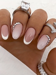24PCS Press On Nails Short Almond Pink High Saturation Gradation Cute Glitter Press On Nails Summer