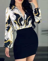 Women Fashion Elegant Party Mini Sexy Scarf Chain Print Lantern Sleeve Wrap Bodycon Patchwork Dress V Neck Long Sleeve