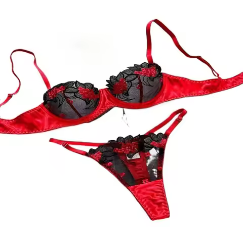 Women's Floral Embroidered Lingerie Set Two-piece Embroidered Bra Set - Black and Red Underwear Set