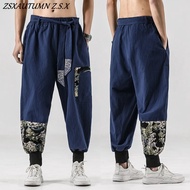 Chinese Style Flax Men's Bloomers Ukiyo-e Print Belt Retro Harem Pants Loose Kung Fu Trousers Street Hip-hop Jogging Pants
