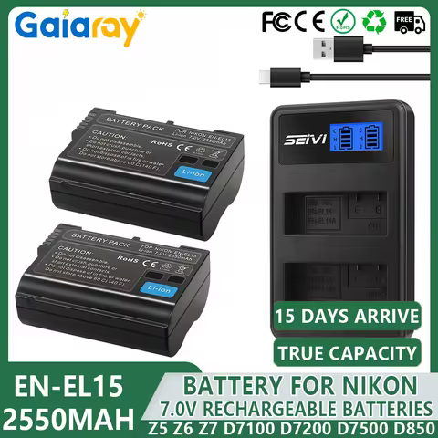 EL15 EN-EL15 Battery 2550mAh + LCD Charger for Nikon Z5 Z6 Z6 II Z7 Z7II D7000 D7100 D7200 D850 D750