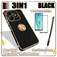 3 IN 1 For Itel P55 4G A666L Electroplated Case With Ceramic Film and 360 Mobile Metal Ring Stand Ho