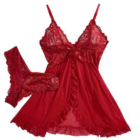 Transparent Red Lingerie Women's Underwear Sleepwear Lace Nightdress And Panty Pijamas Sets Female N