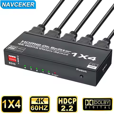 Navceker 1 Duplicate to 4 HDMI Displays 4K@60Hz HDMI Splitter 1 in 2 Out with Scalar HDR High Speed 