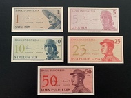 Indonesia Old Banknote - 1964 Sen Series collection  1+ 5 + 10 +25 +50 Sen | NEW  Price for 5ocs
