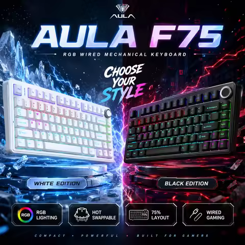AULA F75 Single‑Mode Wired Mechanical Keyboard Low Latency Gasket Hot Swap 75% Layout Metal Knob PBT