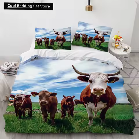 Cow Herd Pattern King Queen Bedding Set Highland Bull Farm Animal Duvet Cover Dairy Cattle Comforter