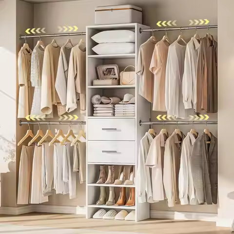 W2 Closet System with 2 Drawers, 3.5FT-7.7FT Closet Organizer System with 4 Chrome-Plated Telescopic