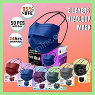 50pcs Mask 3ply Face Mask Hijab Mask Head Loop Headloop Mask Adult Face Mask Hitam Colour Mask Black Mask Earloop Mask