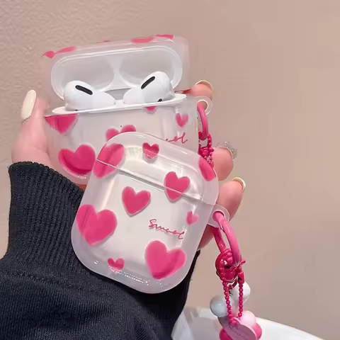 Love Airpods Case with Heart Pattern for AirPods 4th 1 2 3 Pro 2 Generation Case with Pendant Keycha