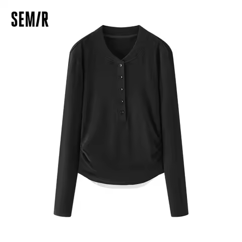 Semir Long Sleeve T-Shirt Women Cropped Thermal Fleece Layered Look Henley Neck Slim Fit Top 2025 Wi