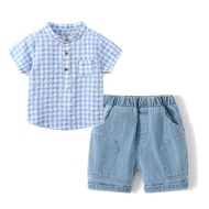 Ootd for Kids Boy Blue Plaid Shirt Shorts Short Sleeve Set Terno Fashion Handsome Casual Polo Shirt 