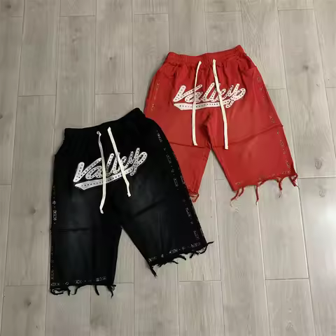 Shinning Diamond Letter Embroidery Washed Casual Shorts for Men and Women Vintage Baggy Rhinestone B