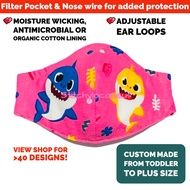 Pink Baby Shark Reusable Face Mask: Antimicrobial Organic or Moisture Wick lining Nose Wire Filter Pocket Adjustable Ear