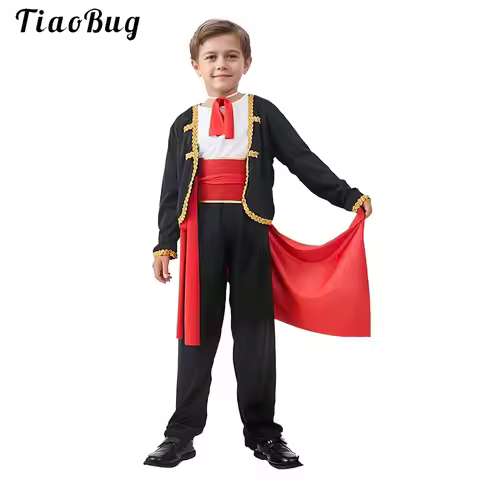Prince Boys Halloween Spanish Matador Cosplay Costume with Top Neckwear Waistbelt Pants Flamenco Per