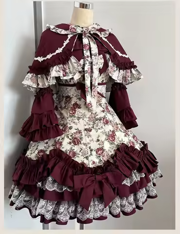 - Burgundy Rose - Floral Printed Old School Lolita JSK, Elegant Cape by TaTaTa Lolita PRE ORDER / 2 