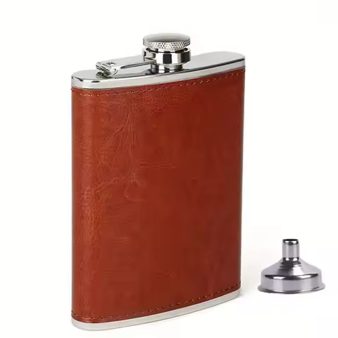 Brown Leather 8oz Hip Flask Portable Pocket Flask Drinking Stainless Steel for Storing Vodka Whiskey