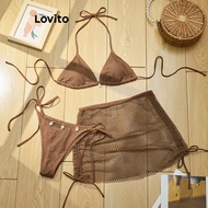 Lovito Boho Bikini Sets Plain Contrast Mesh Shell Bikini Sets for Women LBL18863