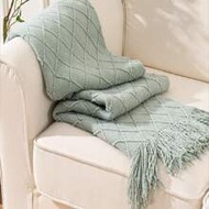 1pc Mint Green & Gray Knit Throw Blanket, Lightweight For Sofa, Boho Home Decor, 50" X 60"