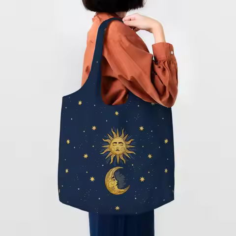 Custom Cute Printing Sun And Moon Tote Shopping Bag Reusable Canvas Shoulder Shopper Handbag
