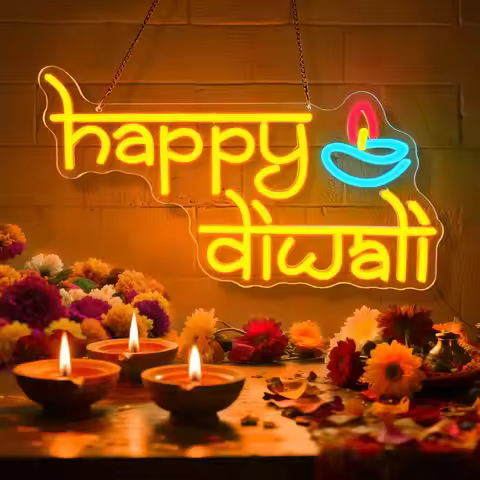 Happy Diwali Neon Sign USB Dimmable LED Neon Light Diwali Diya Party Decor Indian Hindu Pooja Room L