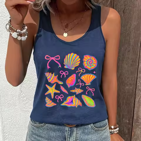 Summer Vibes Women Top Racerback Tanks Coquette Seashell Graphic Tank Top Women Coastal Travel Summe