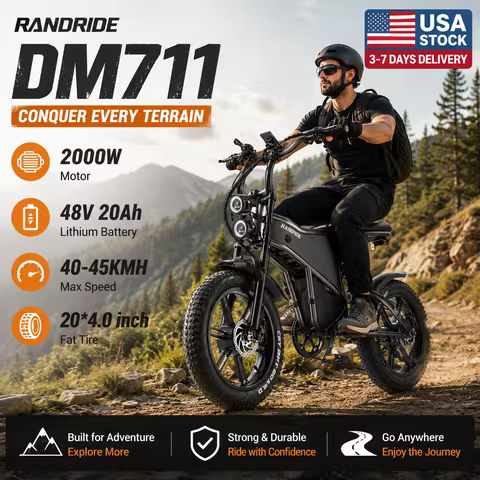 Electric Bike for Adults RANDRIDE DM711, 2000W Motor, 48V 20Ah Removable Lithium Battery, 20*4.0 inc