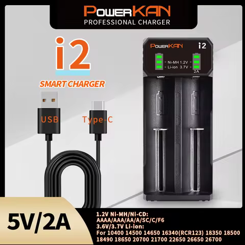 POWERKAN i2 Battery Charger with LED Display for 2 3.7V Li-Ion Batteries and 1.2V Ni-MH Cd AA AAA No