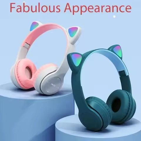 P47M Wireless Bluetooth Headset Gamer Cat LED Light Waterproof Noise Cancelling Earbuds Wireless Hea