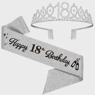18th Birthday Crown and Sash Set - Happy 18th Birthday Sash Tiara Cake Topper Decorations and Gift f