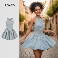 Lovito Gaun Kasual Wanita Berlipat dengan Tunduk Depan untuk Musim Panas/Musim Bunga L133AD062