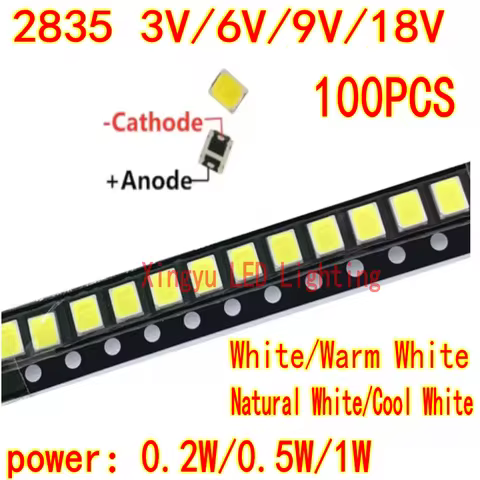 100PCS high brightness LED 2835 SMD LED beads 3V 6V 9V 18V 0.2W 0.5W 1W warm white cool white natura