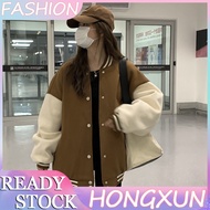 แฟชั่น HONGXUN เสื้อแจ็กเก็ตโค้ทสไตล์เกาหลีแขนยาวเย็บต่อกันทรงหลวมเสื้อแจ็คเก็ตเบสบอล
