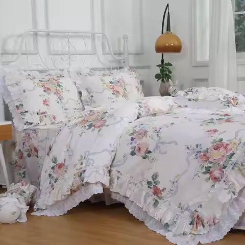 New Lace Ruffle Design Bedding Rose Printed Bedding Set Duvet Set King Size Cloth Cover Comforter Be
