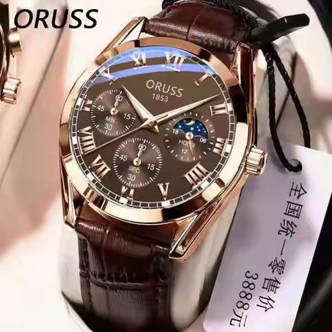 ORUSS Luxury Men's Quartz Watch Roman Dial Luminous Hands Waterproof And Comfortable Leather Strap H