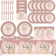 90th Birthday Decorations for Women,61Pcs Rose Gold 90th Birthday Decorations Tableware Include Happ