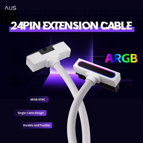 AIJS 24PIN PSU Extension Cable, ARGB PC Cable with 5V 3Pin, 18AWG 90 Degree Right-Angle Design for P