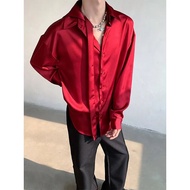 Zhang Linghe ไวน์แดงแขนยาว Acetate เสื้อ Double COLLAR Draping Sensation Retro Dark สีแดงผู้ชายแฟชั่