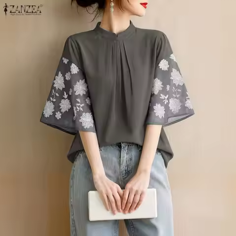 ZANZEA 2025 Summer Office Work Shirt Women Elegant Floral Patchwork Blouse Stand Neck Short Sleeve T