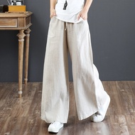 ZANZEA Linen Pants Women Casual Belt Tie Pocket  Wide Legs Elastic Loose Long Pants